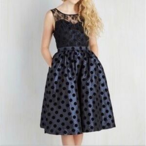 Modcloth-SMALL- Midnight Blue-Black Polka Dot Flared Lace Taffeta Tulle Velvet